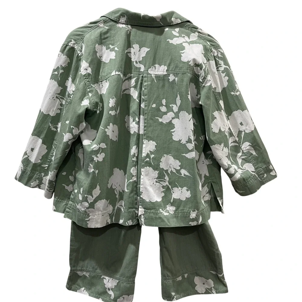 Orvis Pant Set Women 14 Green Floral Cotton‎ Jacket Elastic Waist Botanical USA
